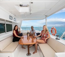 guests can relax on the upstairs flybridge and chat with the Skipper, or laze on the foredecks and enjoy the splash of the waves and wind. 