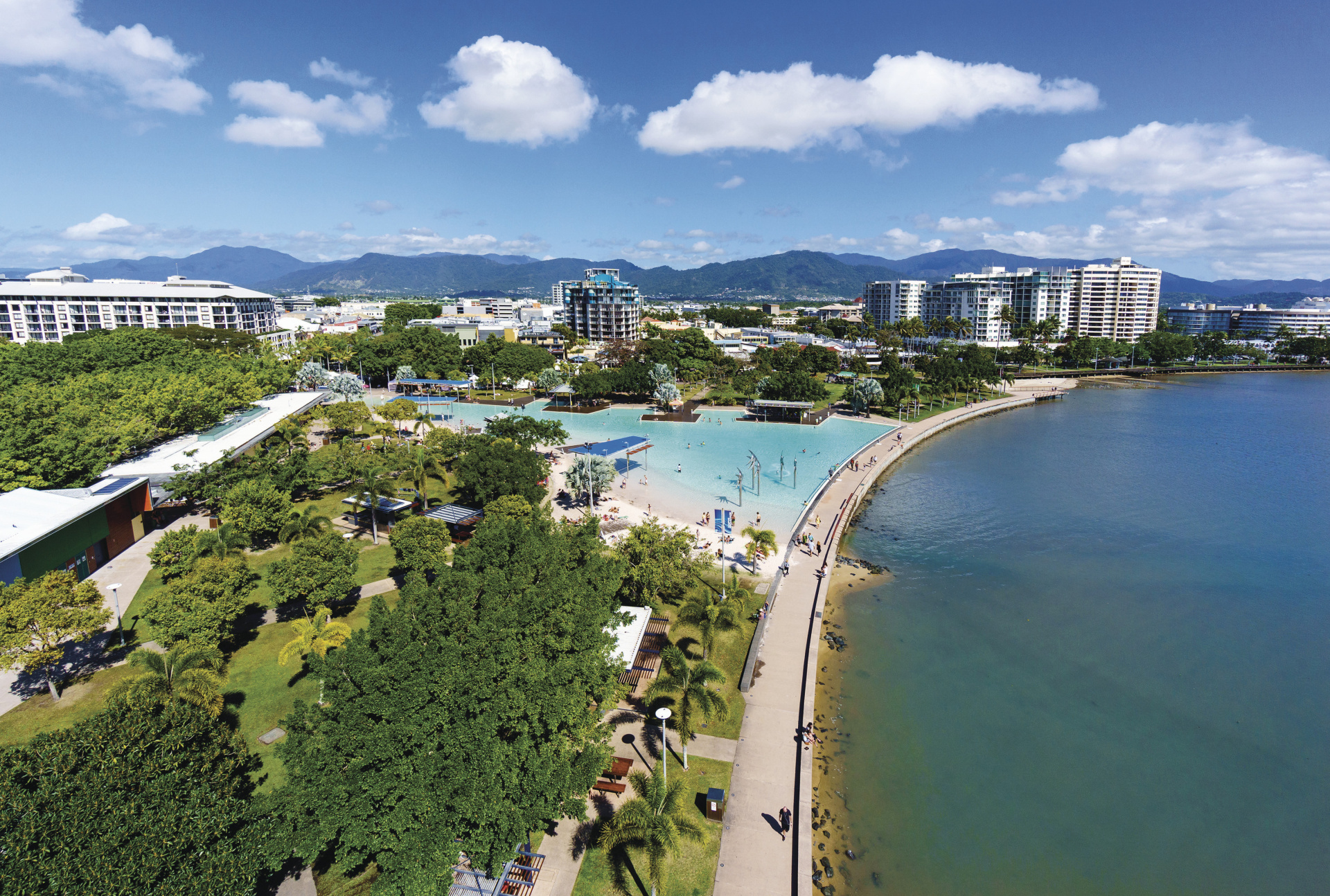 An above view of the Cairns lagoon and surrounding city.