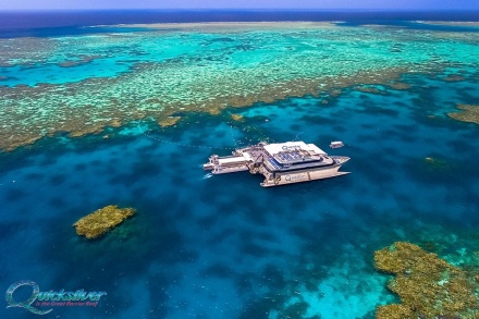 Ariel view of the Quicksilver pontoon on the Great Barrier Reef