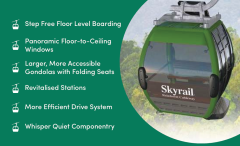 Green Skyrail Rainforest Cableway gondola with glass walls; features listed: step-free level boarding, panoramic windows, larger gondolas with folding seats, revitalised stations, efficient drive system, whisper-quiet components.